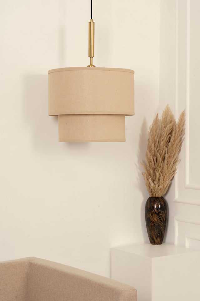 Divine Trends Beige Double Decker Fabric Hanging Pendant Light Antique Brass Finish| Hanging Lights for Living Room, Bedroom | Ceiling Lamps for Home Decoration