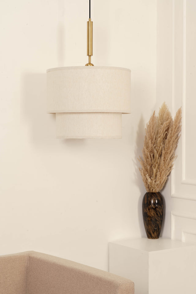 Divine Trends Off White Double Decker Fabric Hanging Pendant Light Antique Brass Finish| Hanging Lights for Living Room, Bedroom | Ceiling Lamps for Home Decoration