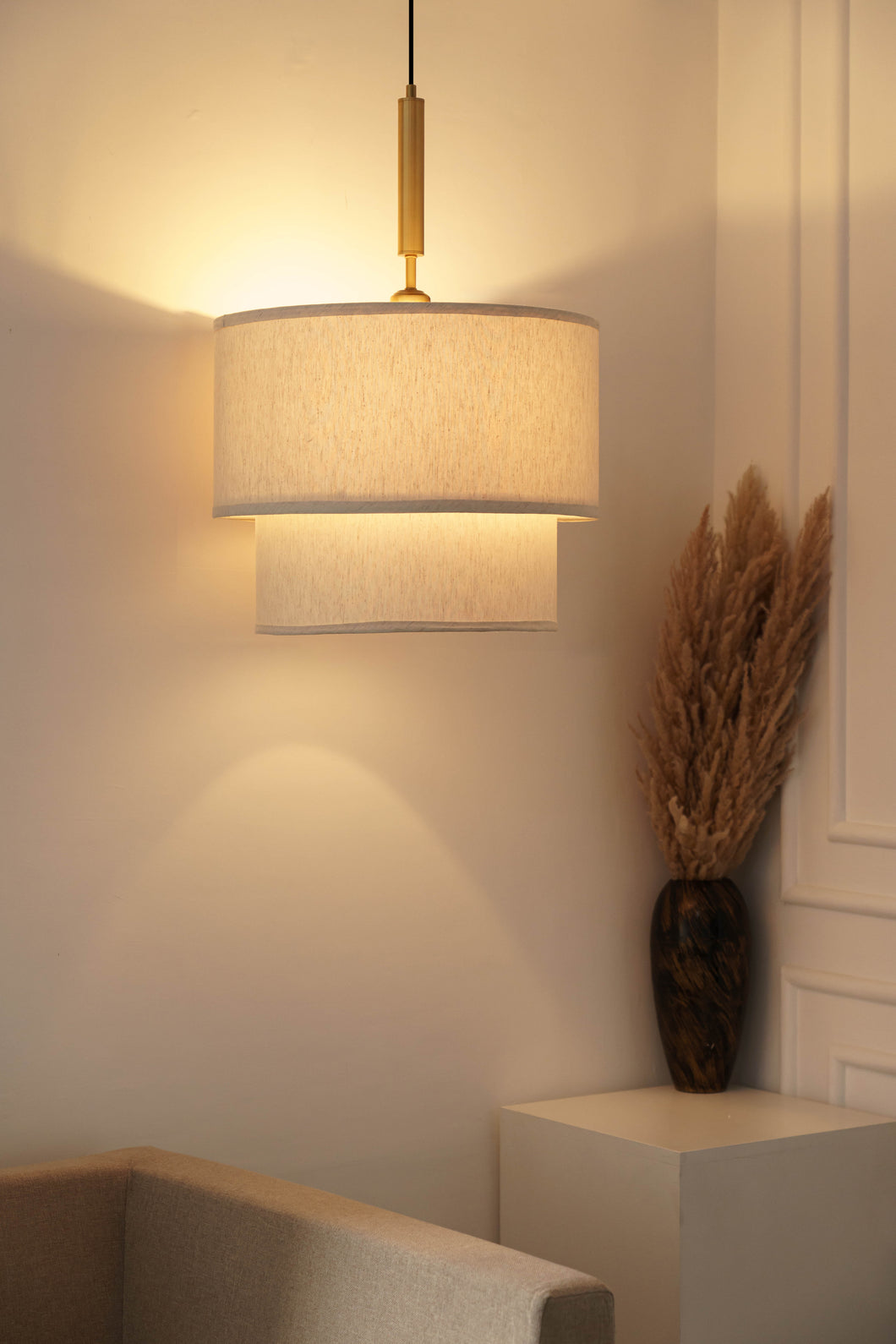 Divine Trends Off White Double Decker Fabric Hanging Pendant Light Antique Brass Finish| Hanging Lights for Living Room, Bedroom | Ceiling Lamps for Home Decoration
