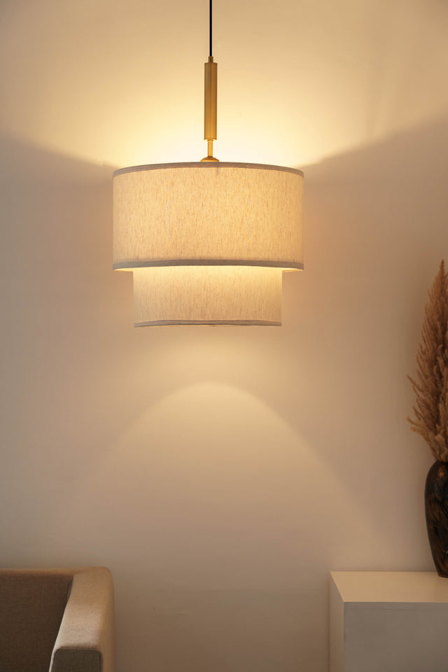 Divine Trends Off White Double Decker Fabric Hanging Pendant Light Antique Brass Finish| Hanging Lights for Living Room, Bedroom | Ceiling Lamps for Home Decoration
