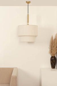 Divine Trends Off White Double Decker Fabric Hanging Pendant Light Antique Brass Finish| Hanging Lights for Living Room, Bedroom | Ceiling Lamps for Home Decoration