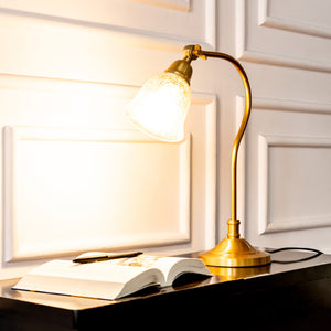 Divine Trends Study Desk Office Reading Curved Table Lamp Brass Antique Finish with Cup Crackled Glass Golden Luster