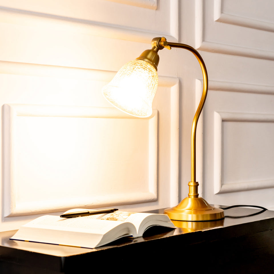 Divine Trends Study Desk Office Reading Curved Table Lamp Brass Antique Finish with Cup Crackled Glass Golden Luster