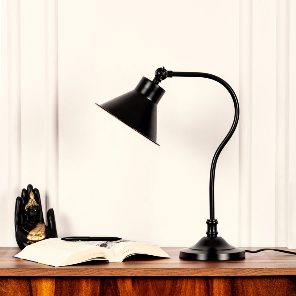 Divine Trends Study Desk Office Reading Curved Black Polished Table Lamp with Adjustable Head Shade