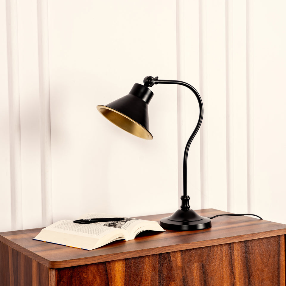 Divine Trends Study Desk Office Reading Curved Black Polished Table Lamp with Adjustable Head Shade