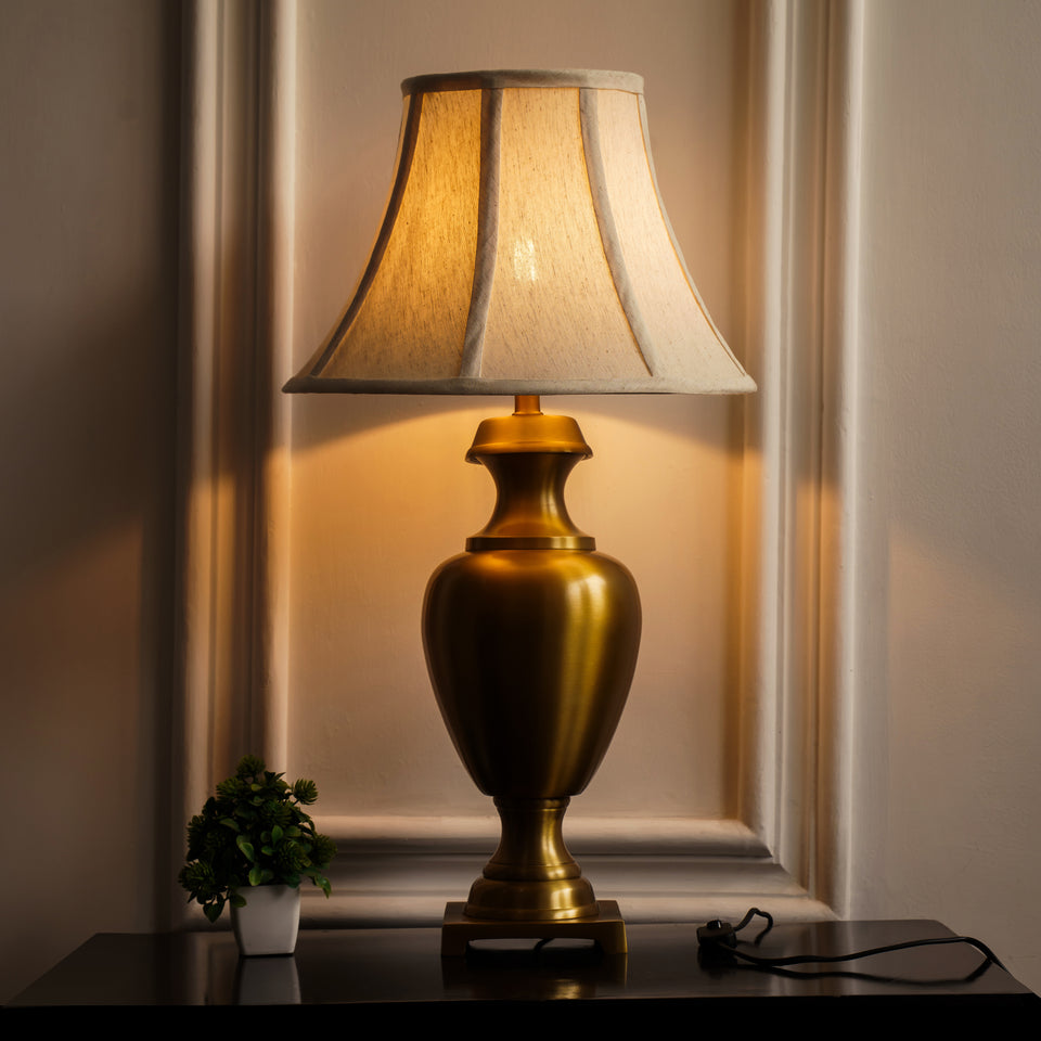 Divine Trends Royal Brass Antique Gold Trophy Table Lamp Off White Bell 14 inches Lampshade Bedside Stylish, Living Room, Bedroom, Home Decoration, Hotel