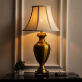Divine Trends Royal Brass Antique Gold Trophy Table Lamp Off White Bell 14 inches Lampshade Bedside Stylish, Living Room, Bedroom, Home Decoration, Hotel