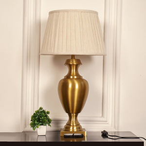 Divine Trends Royal Brass Antique Gold Trophy Table Lamp Off White Pleated 14 inches Lampshade Bedside Stylish, Living Room, Bedroom, Home Decoration, Hotel
