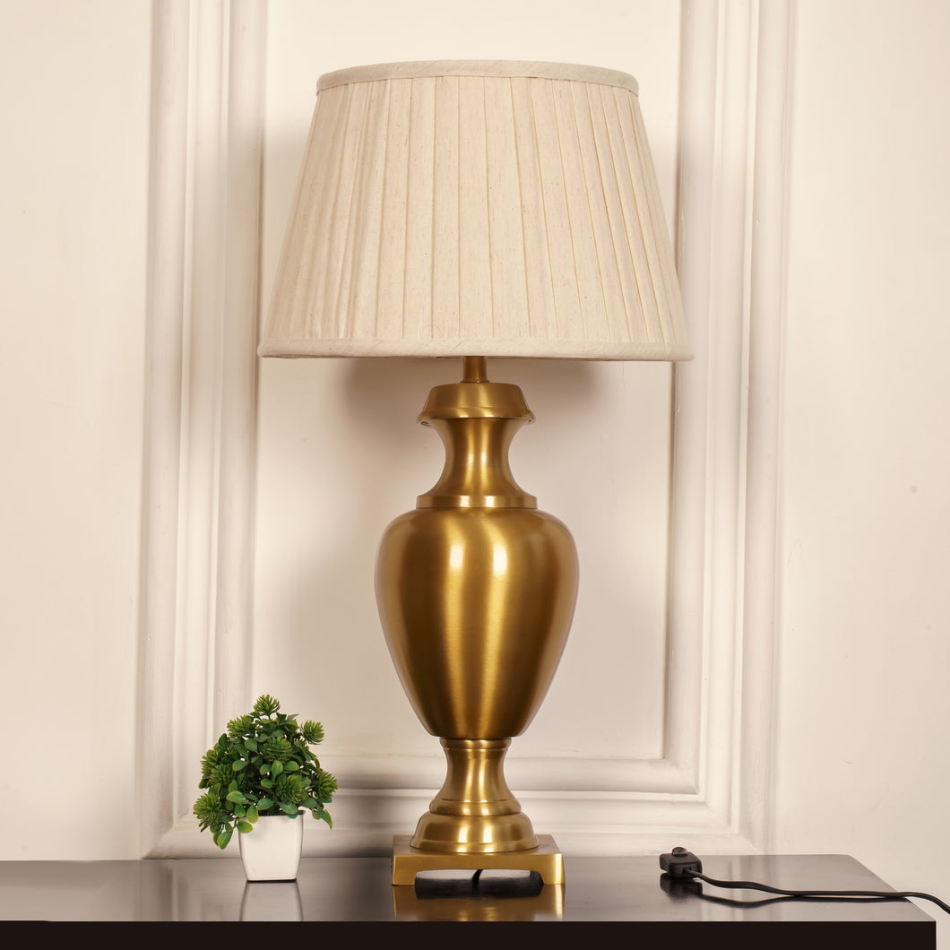 Divine Trends Royal Brass Antique Gold Trophy Table Lamp Off White Pleated 14 inches Lampshade Bedside Stylish, Living Room, Bedroom, Home Decoration, Hotel