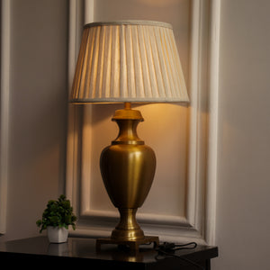 Divine Trends Royal Brass Antique Gold Trophy Table Lamp Off White Pleated 14 inches Lampshade Bedside Stylish, Living Room, Bedroom, Home Decoration, Hotel
