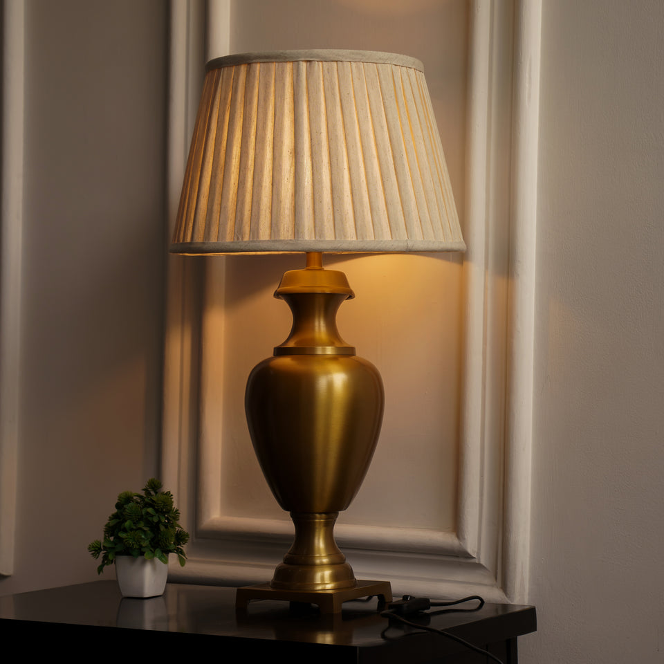 Divine Trends Royal Brass Antique Gold Trophy Table Lamp Off White Pleated 14 inches Lampshade Bedside Stylish, Living Room, Bedroom, Home Decoration, Hotel