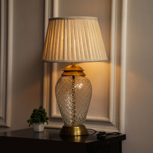 Divine Trends Glass Table Lamp Royal Brass Antique Finish Diamond Cut Glass Off White Pleated 14 inches Lampshade Bedside, Living Room, Bedroom, Home Decoration, Hotel