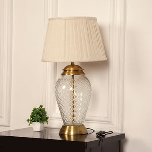 Divine Trends Glass Table Lamp Royal Brass Antique Finish Diamond Cut Glass Off White Pleated 14 inches Lampshade Bedside, Living Room, Bedroom, Home Decoration, Hotel
