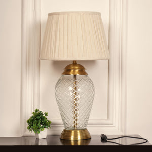 Divine Trends Glass Table Lamp Royal Brass Antique Finish Diamond Cut Glass Off White Pleated 14 inches Lampshade Bedside, Living Room, Bedroom, Home Decoration, Hotel