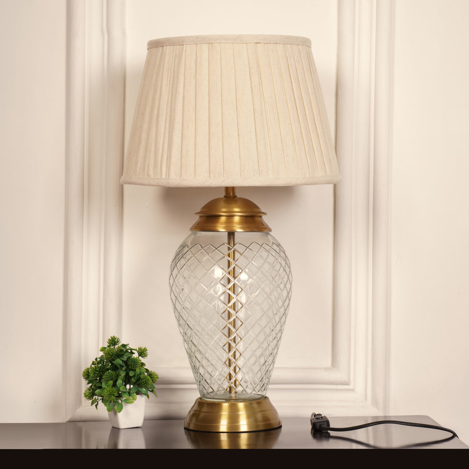 Divine Trends Glass Table Lamp Royal Brass Antique Finish Diamond Cut Glass Off White Pleated 14 inches Lampshade Bedside, Living Room, Bedroom, Home Decoration, Hotel