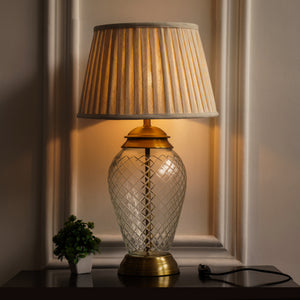 Divine Trends Glass Table Lamp Royal Brass Antique Finish Diamond Cut Glass Off White Pleated 14 inches Lampshade Bedside, Living Room, Bedroom, Home Decoration, Hotel