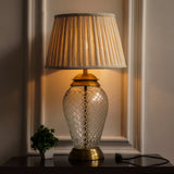 Divine Trends Glass Table Lamp Royal Brass Antique Finish Diamond Cut Glass Off White Pleated 14 inches Lampshade Bedside, Living Room, Bedroom, Home Decoration, Hotel