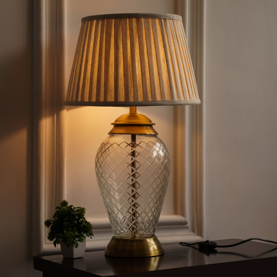Divine Trends Glass Table Lamp Royal Brass Antique Finish Diamond Cut Glass Off White Pleated 14 inches Lampshade Bedside, Living Room, Bedroom, Home Decoration, Hotel