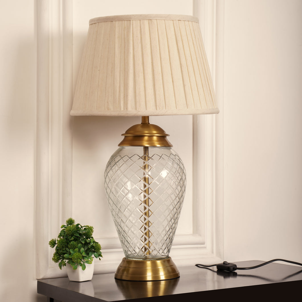 Divine Trends Glass Table Lamp Royal Brass Antique Finish Diamond Cut Glass Off White Pleated 14 inches Lampshade Bedside, Living Room, Bedroom, Home Decoration, Hotel