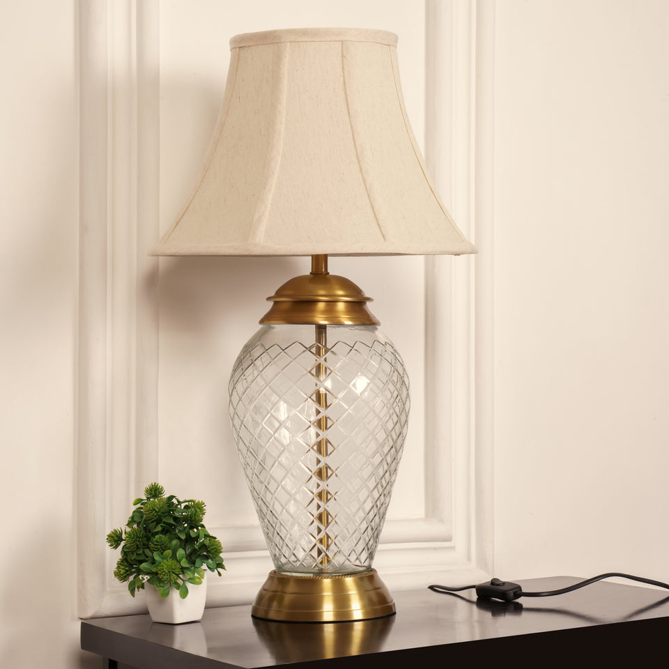 Divine Trends Glass Table Lamp Royal Brass Antique Finish Diamond Cut Glass Off White Bell 14 inches Lampshade Bedside, Living Room, Bedroom, Home Decoration, Hotel