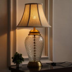 Divine Trends Glass Table Lamp Royal Brass Antique Finish Diamond Cut Glass Off White Bell 14 inches Lampshade Bedside, Living Room, Bedroom, Home Decoration, Hotel