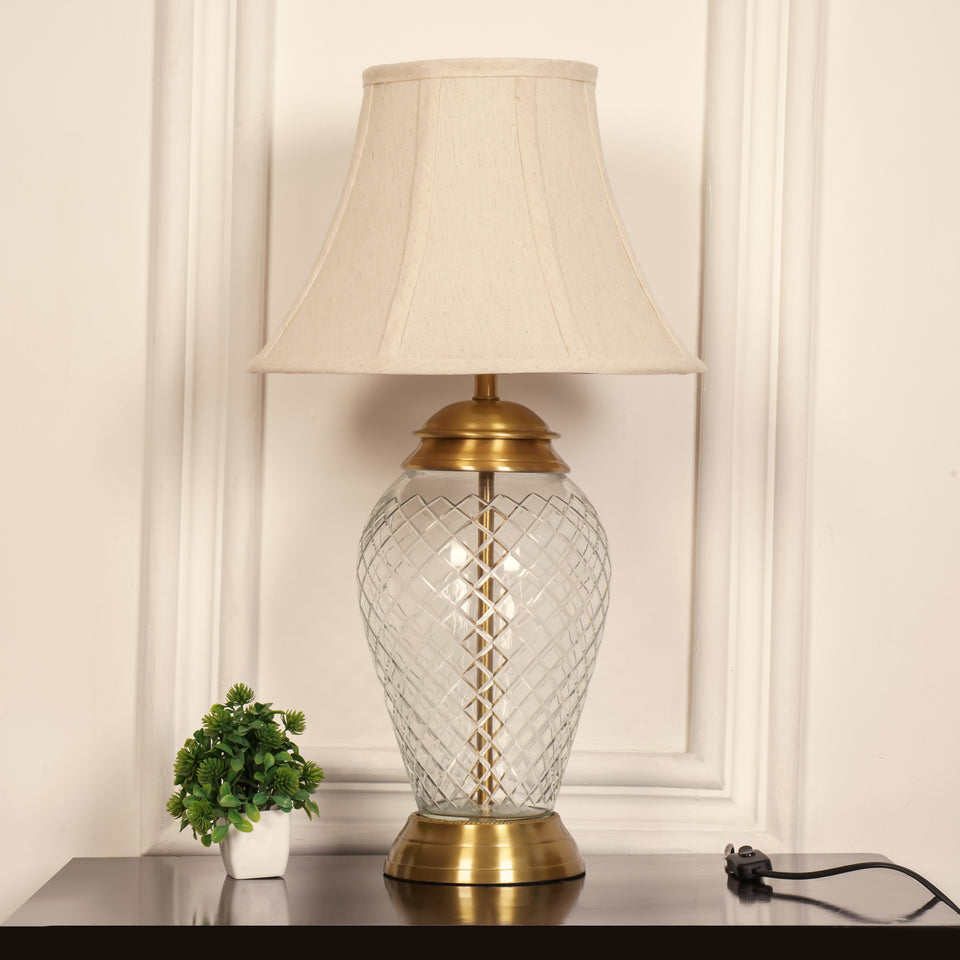 Divine Trends Glass Table Lamp Royal Brass Antique Finish Diamond Cut Glass Off White Bell 14 inches Lampshade Bedside, Living Room, Bedroom, Home Decoration, Hotel