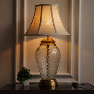 Divine Trends Glass Table Lamp Royal Brass Antique Finish Diamond Cut Glass Off White Bell 14 inches Lampshade Bedside, Living Room, Bedroom, Home Decoration, Hotel