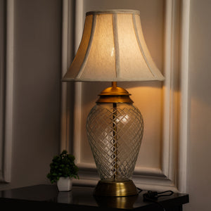 Divine Trends Glass Table Lamp Royal Brass Antique Finish Diamond Cut Glass Off White Bell 14 inches Lampshade Bedside, Living Room, Bedroom, Home Decoration, Hotel