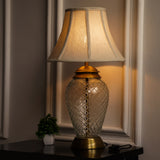 Divine Trends Glass Table Lamp Royal Brass Antique Finish Diamond Cut Glass Off White Bell 14 inches Lampshade Bedside, Living Room, Bedroom, Home Decoration, Hotel