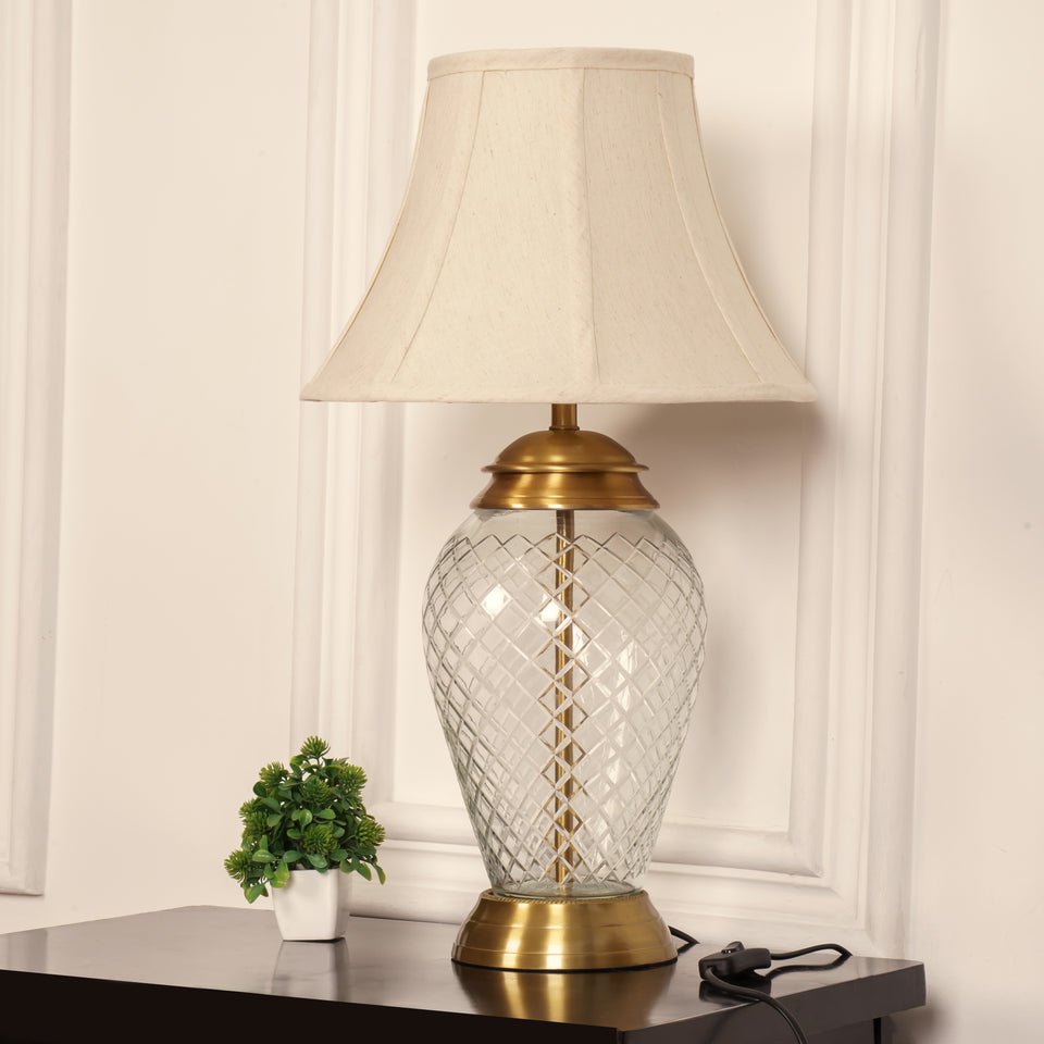 Divine Trends Glass Table Lamp Royal Brass Antique Finish Diamond Cut Glass Off White Bell 14 inches Lampshade Bedside, Living Room, Bedroom, Home Decoration, Hotel
