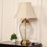 Divine Trends Glass Table Lamp Royal Brass Antique Finish Diamond Cut Glass Off White Bell 14 inches Lampshade Bedside, Living Room, Bedroom, Home Decoration, Hotel
