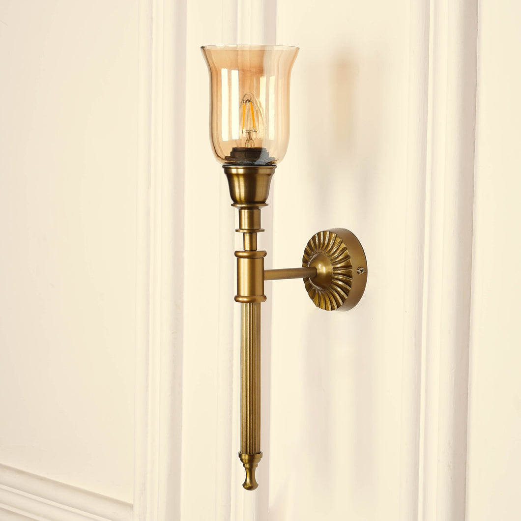 Divine Trends Brass Antique Finish Corrugated Wall Lamp with Chimney Glass Golden Luster Shade