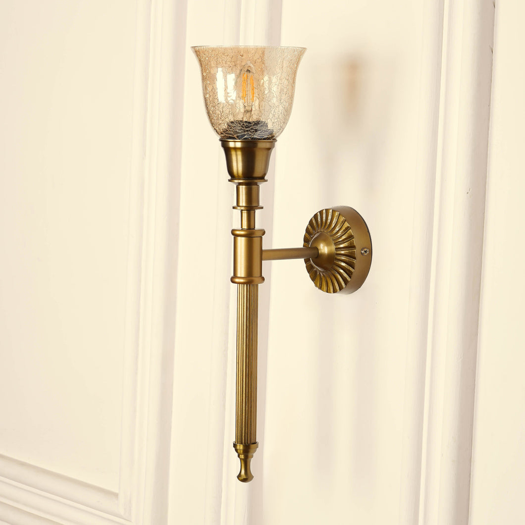 Divine Trends Brass Antique Finish Corrugated Wall Lamp with Cup Crackled Glass Golden Luster Shade