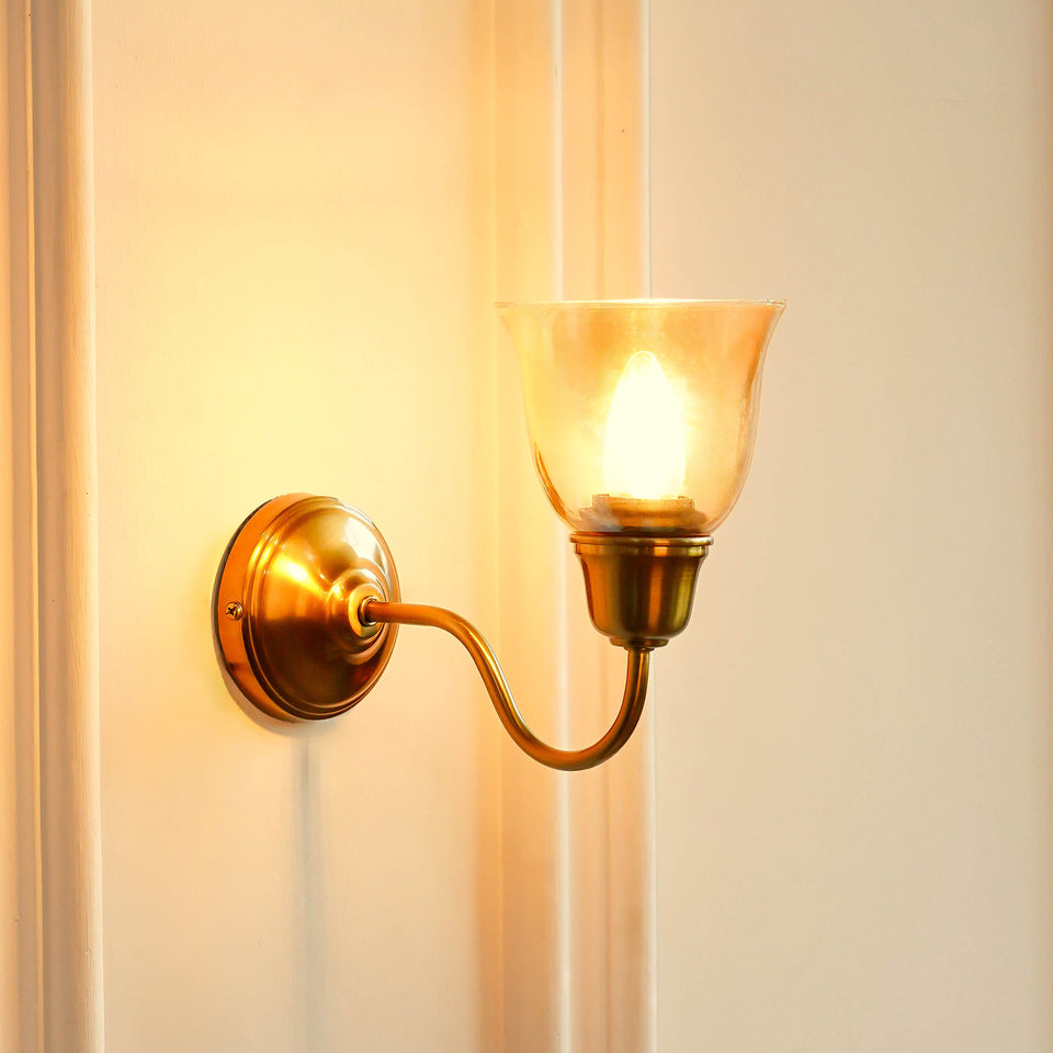 Divine Trends Brass Antique Finish Wall Lamp with Cup Glass Golden Luster Shade