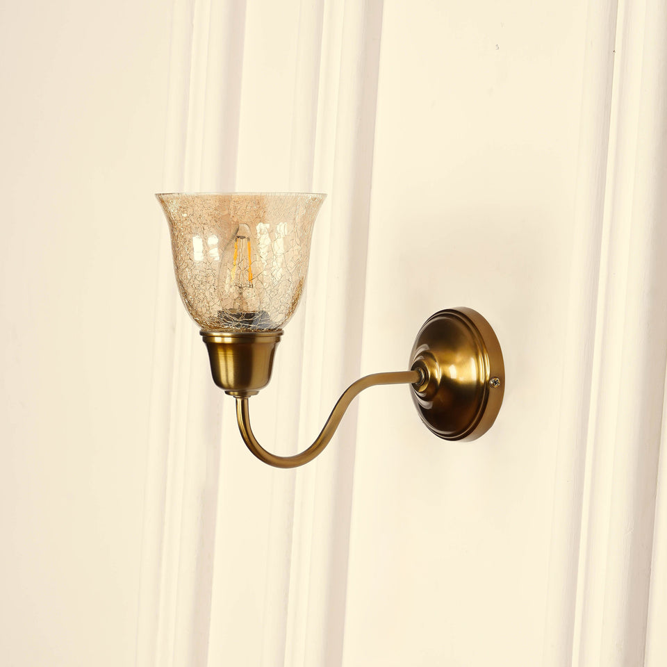 Divine Trends Brass Antique Finish Wall Lamp with Cup Glass Crackled Golden Luster Shade