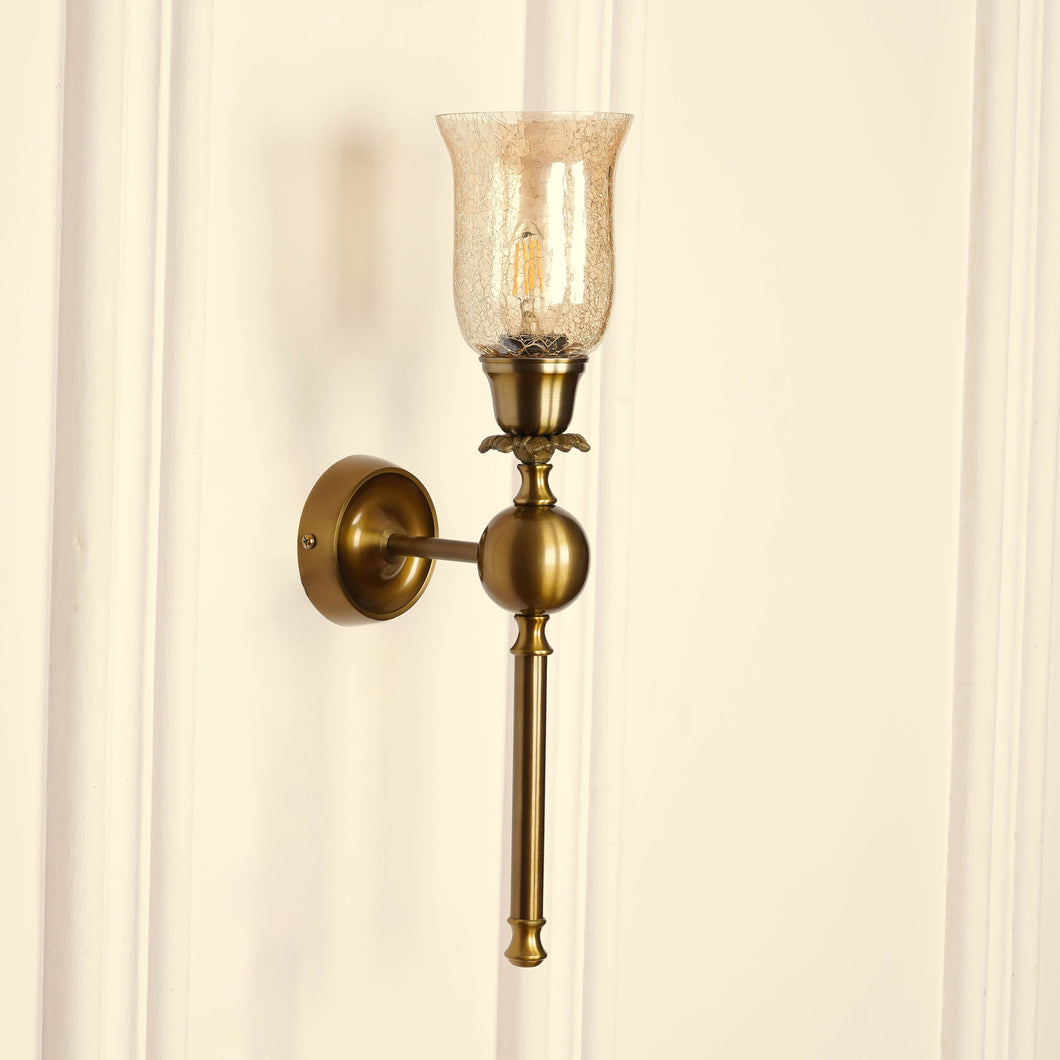 Divine Trends Brass Antique Finish Ball Wall Lamp with Chimney Crackled Glass Golden Luster Shade