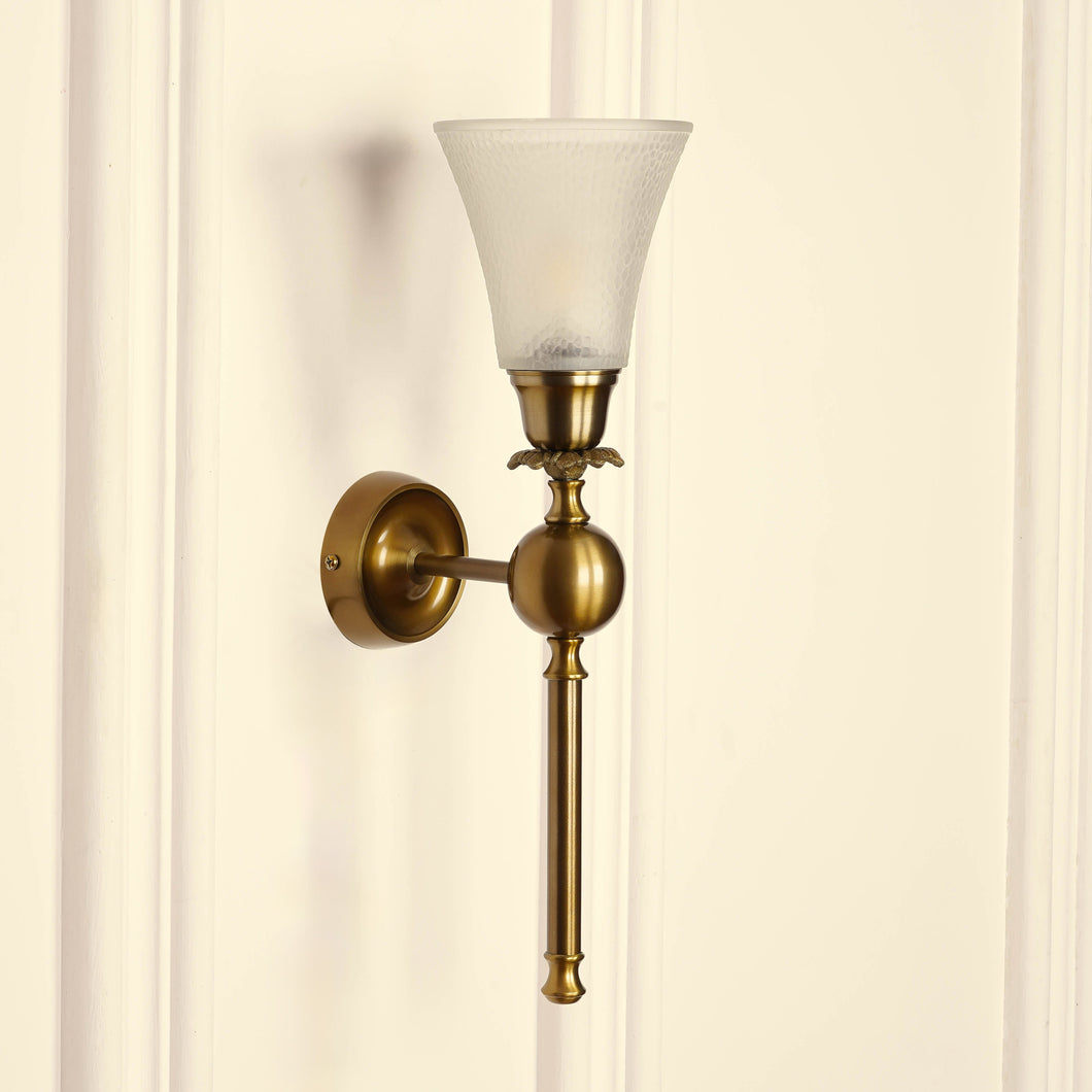 Divine Trends Brass Antique Finish Ball Wall Lamp with Frosted Hammered Glass Shade