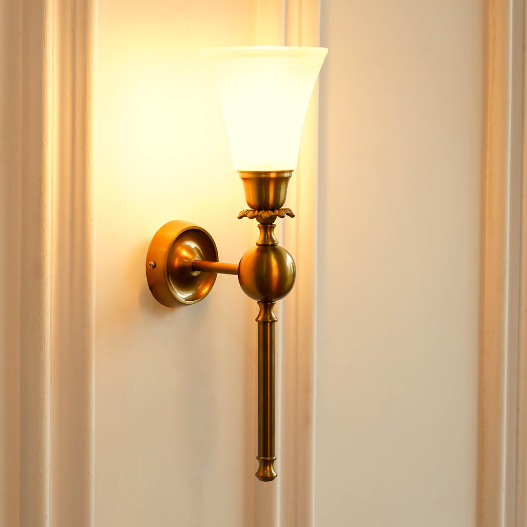 Divine Trends Brass Antique Finish Ball Wall Lamp with Frosted Hammered Glass Shade