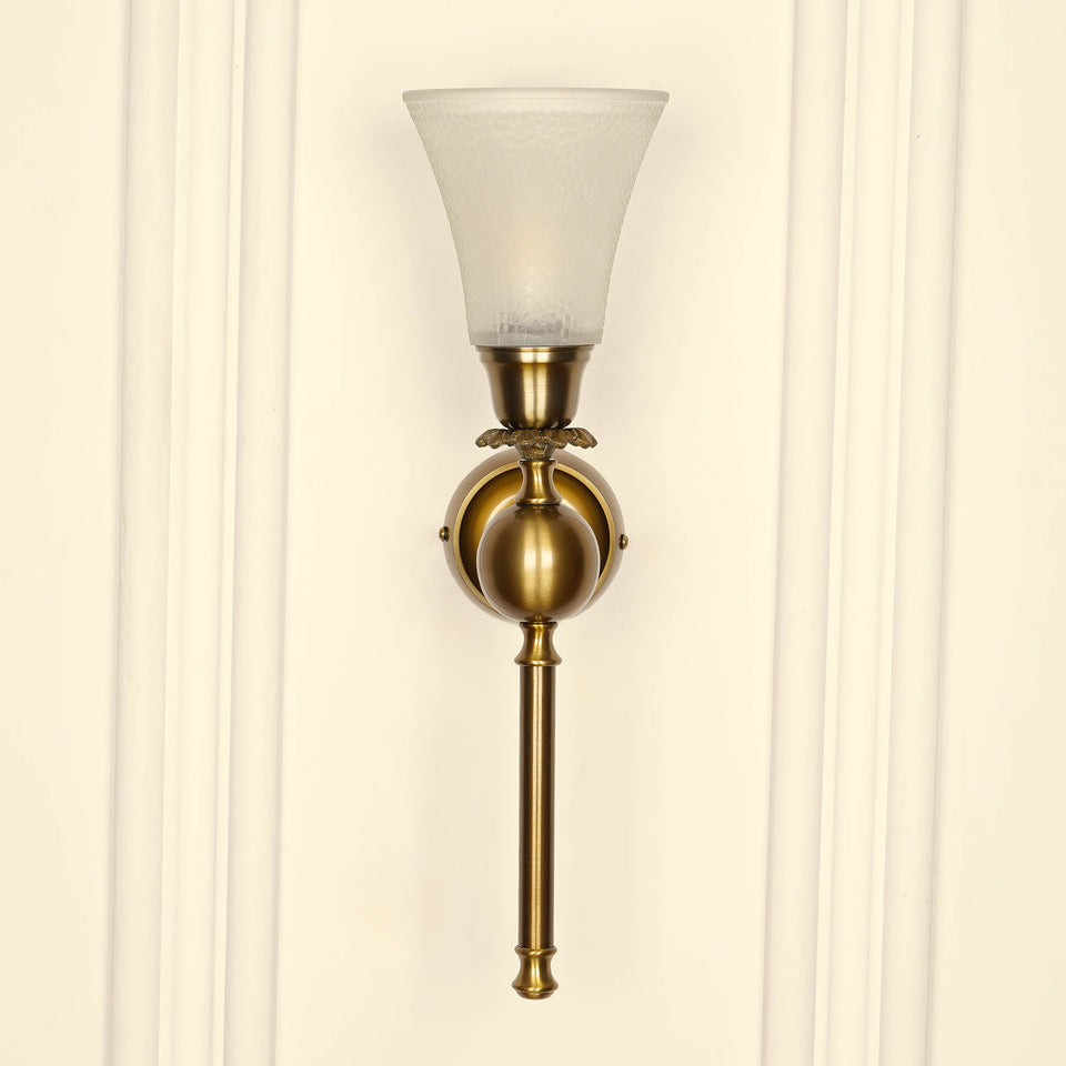 Divine Trends Brass Antique Finish Ball Wall Lamp with Frosted Hammered Glass Shade