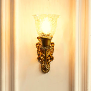 Divine Trends Brass Antique Finish Carved Wall Lamp with Cup Crackled Glass Golden Luster Shade