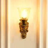 Divine Trends Brass Antique Finish Carved Wall Lamp with Cup Crackled Glass Golden Luster Shade