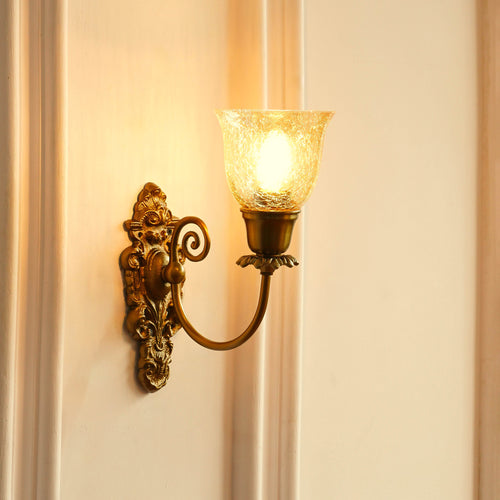 Divine Trends Brass Antique Finish Carved Wall Lamp with Cup Crackled Glass Golden Luster Shade