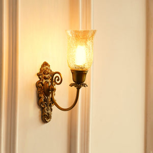 Divine Trends Brass Antique Finish Carved Wall Lamp with Chimney Crackled Glass Golden Luster Shade