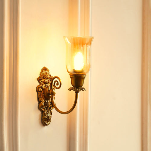 Divine Trends Brass Antique Finish Carved Wall Lamp with Chimney Golden Luster Shade