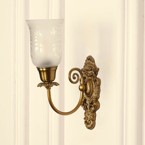 Divine Trends Brass Antique Finish Carved Wall Lamp with Flower Print Frosted Glass Shade