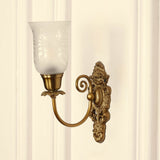 Divine Trends Brass Antique Finish Carved Wall Lamp with Flower Print Frosted Glass Shade