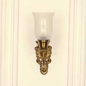 Divine Trends Brass Antique Finish Carved Wall Lamp with Flower Print Frosted Glass Shade