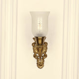 Divine Trends Brass Antique Finish Carved Wall Lamp with Flower Print Frosted Glass Shade