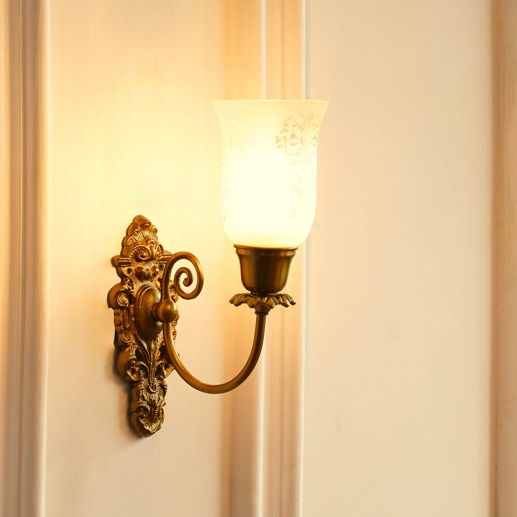 Divine Trends Brass Antique Finish Carved Wall Lamp with Flower Print Frosted Glass Shade