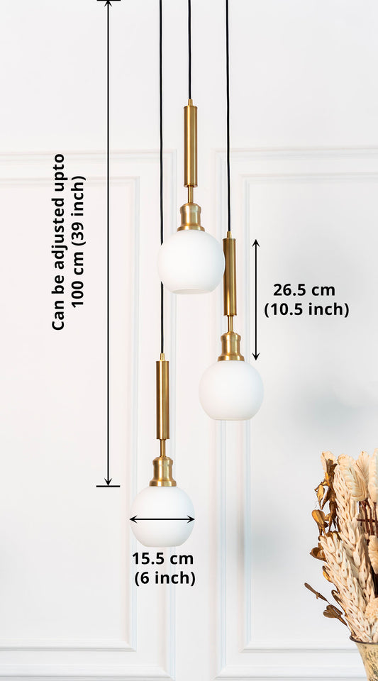 Divine Trends Triple Globe Hanging Pendant Light Antique Brass Finish with Frosted Milky White Glass | Hanging Lamp for Living Room | Chandelier Ceiling Lamp - Pack of 1